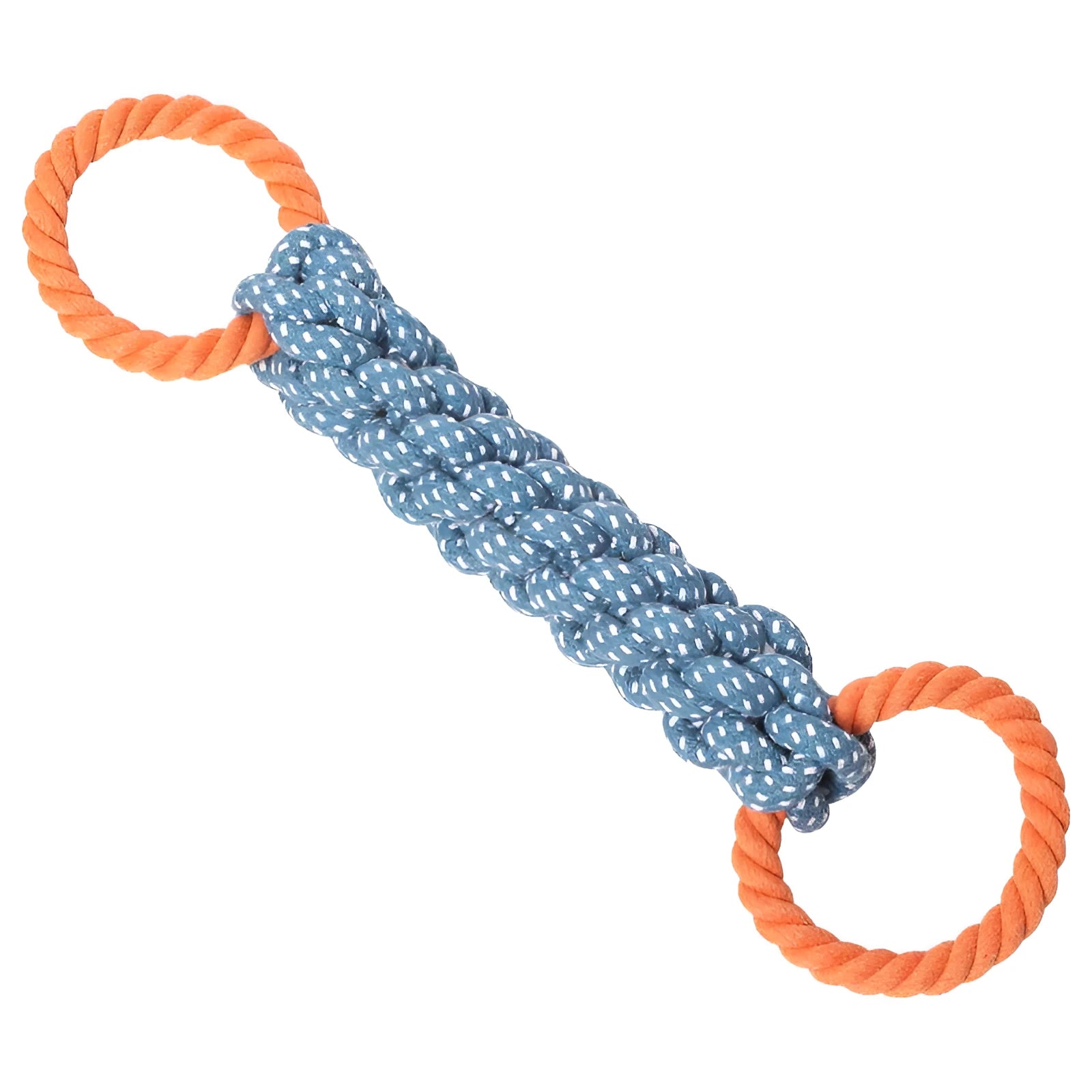 Blue braided cotton rope bone dog toy with double-ring loops