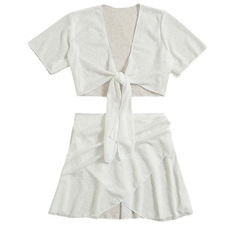 White two-piece women's swimsuit set with top and skirt, sun-proof beach dress style, sizes S M L