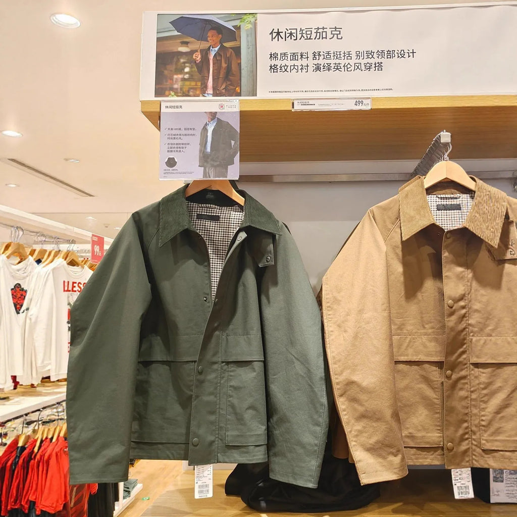 Japanese men's casual short jacket in loose fit, available in multiple colours with bag-cover slit pockets