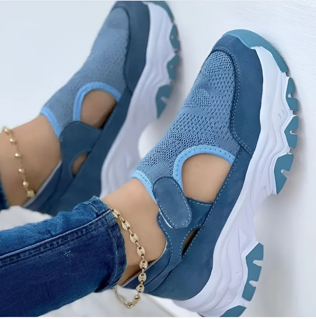 Women's mesh sport shoes with round toe, low heel, and Velcro fastening in a solid colour