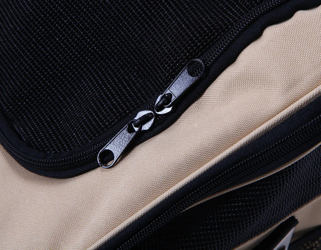 Beige Oxford fabric crossbody pet bag for dogs and cats, portable car carrier with strap