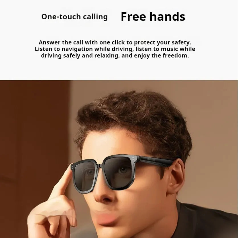 Black AI smart glasses with Bluetooth audio and touch controls on the frame.