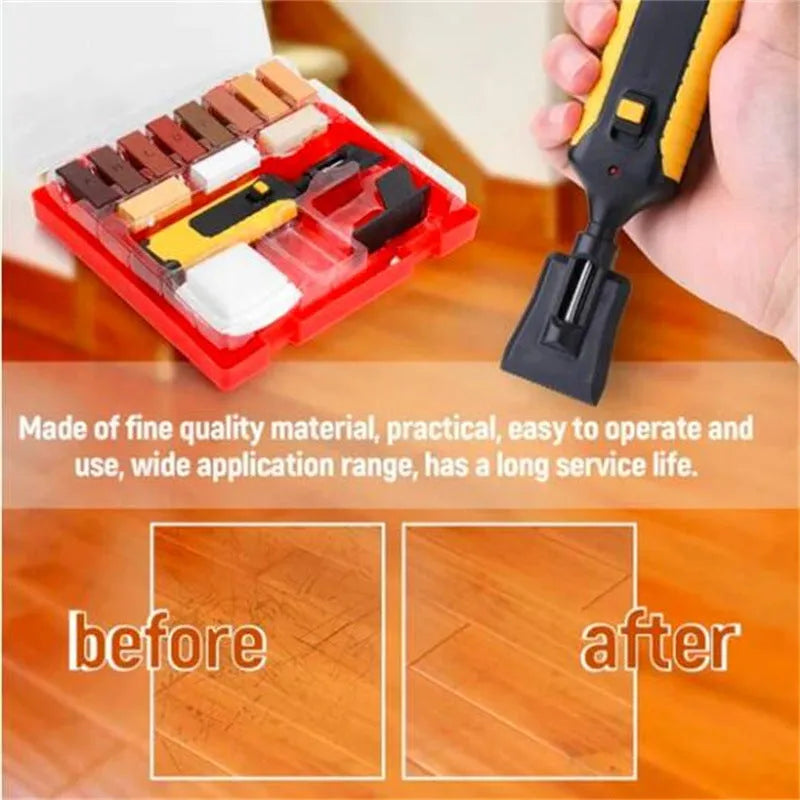 Red and yellow handle floor repair tool with wax colour sticks for DIY tile restoration