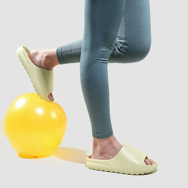 Women's thick sole heightened slippers in beige, black, or fruit green with EVA non-slip sole and arch support footbed.