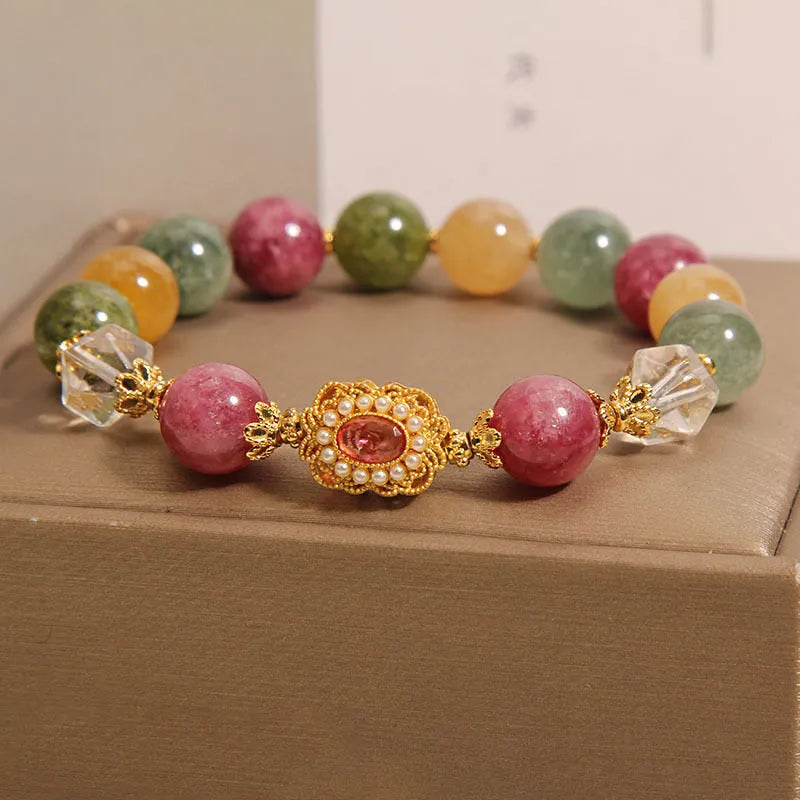 Jade colour tourmaline bracelet for women with round beads on crystal base and rhinestone accents