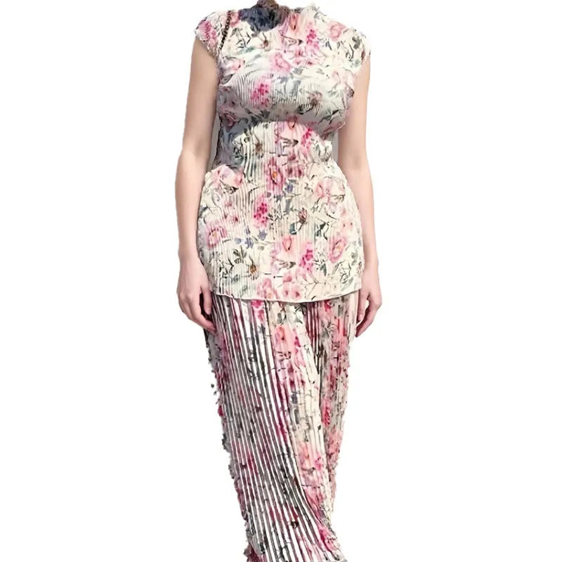 Long sleeve printed chiffon dress two-piece set with high waist skirt in picture colour