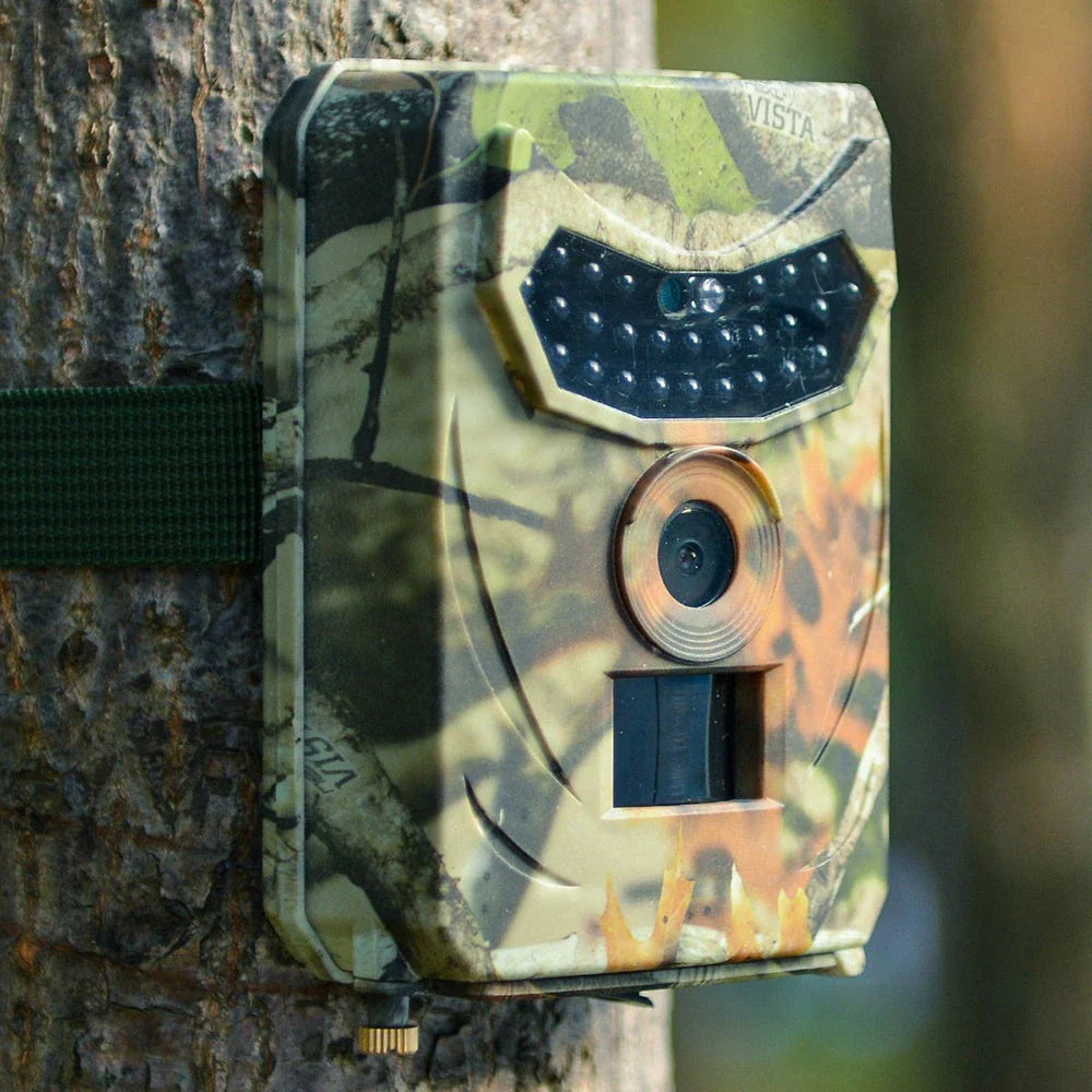 A 12MP 1080P trail camera with infrared night vision for capturing wildlife in the outdoors.