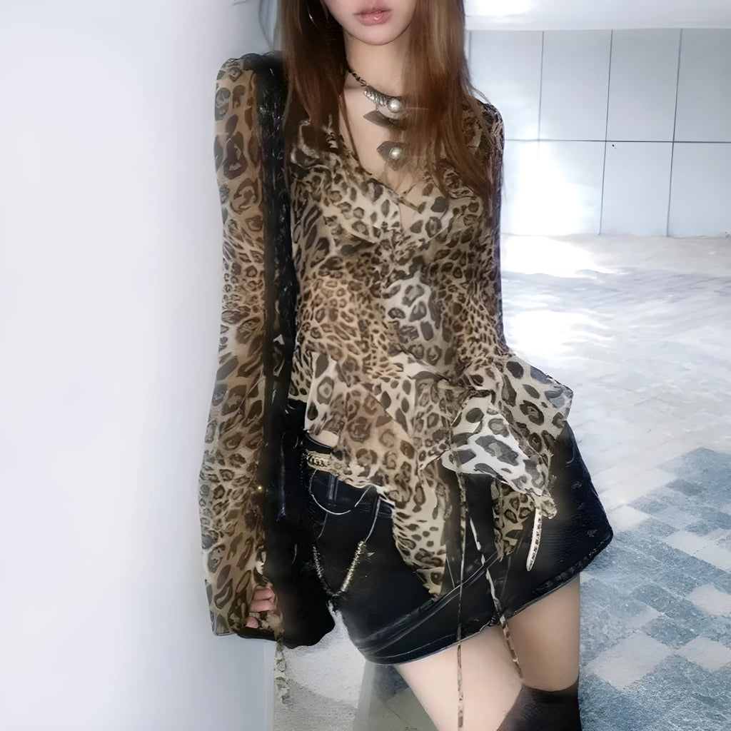 Leopard print V-neck long sleeve slim fit polyester top for women with tie front
