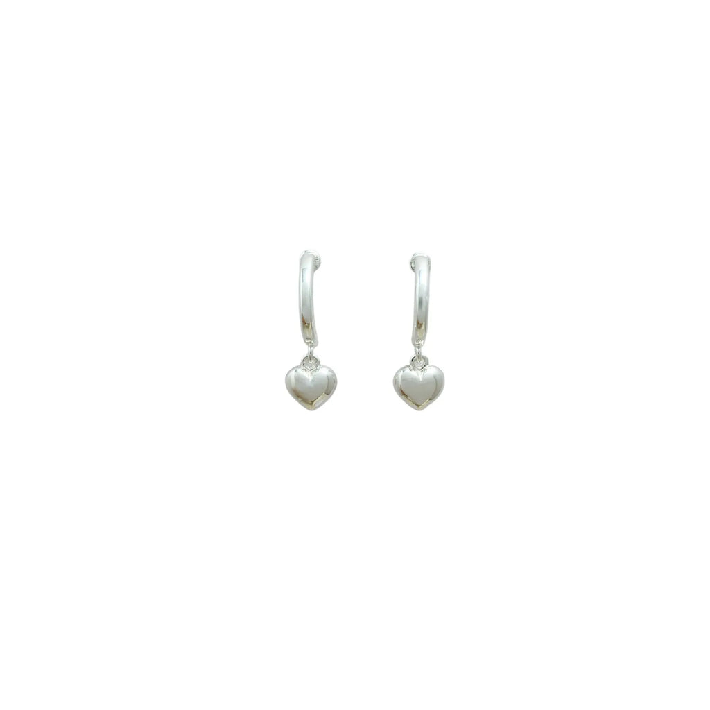 Gold copper C-shaped heart pendant earrings on white background