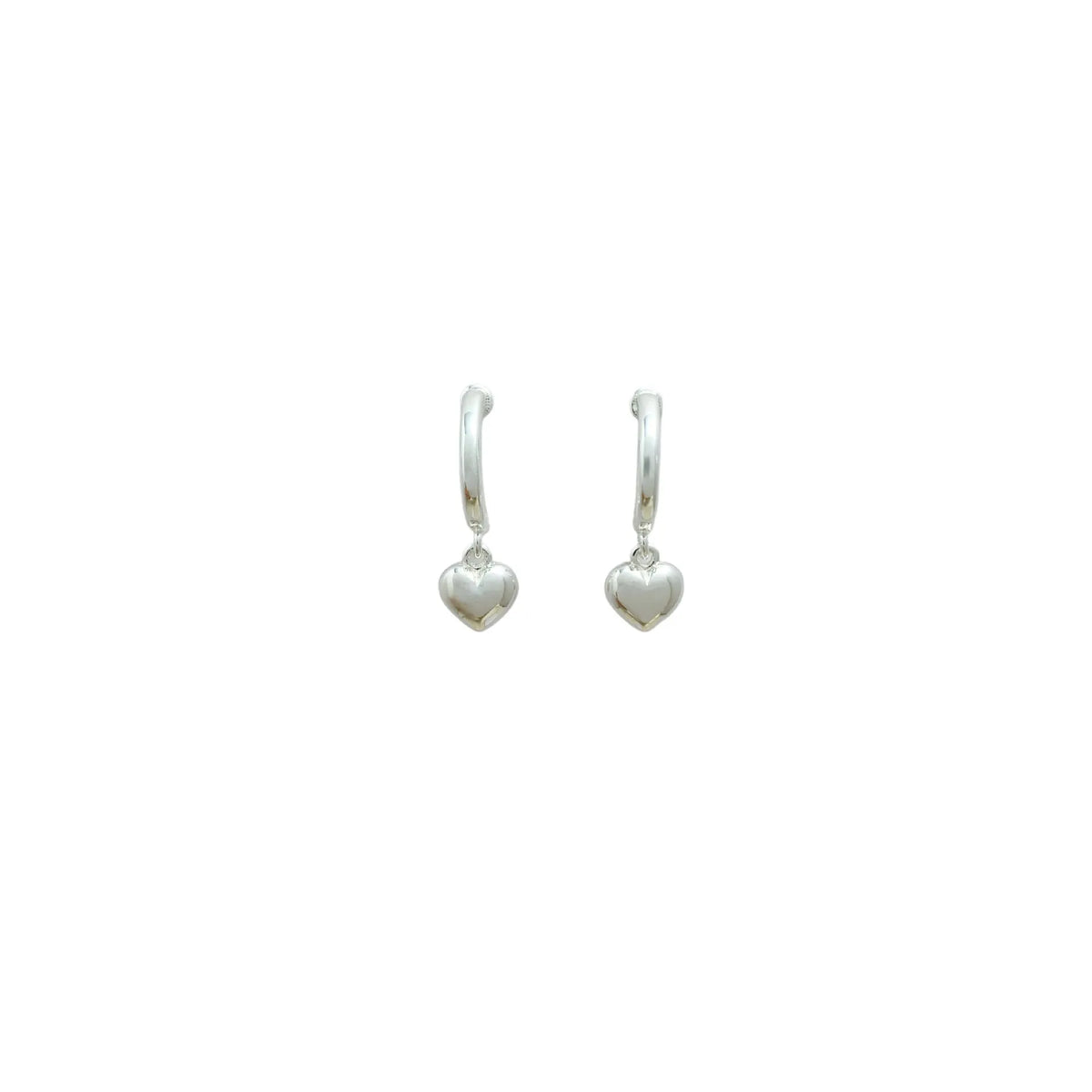Gold copper C-shaped heart pendant earrings on white background