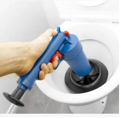 Manual high-pressure drain blaster gun with four different sized adaptor suckers for clearing sink and toilet blockages