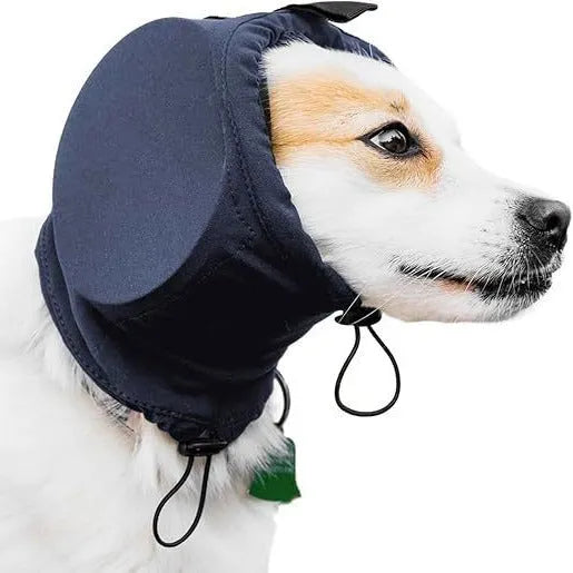 Black nylon dog earmuffs for noise reduction against thunder and fireworks, side view