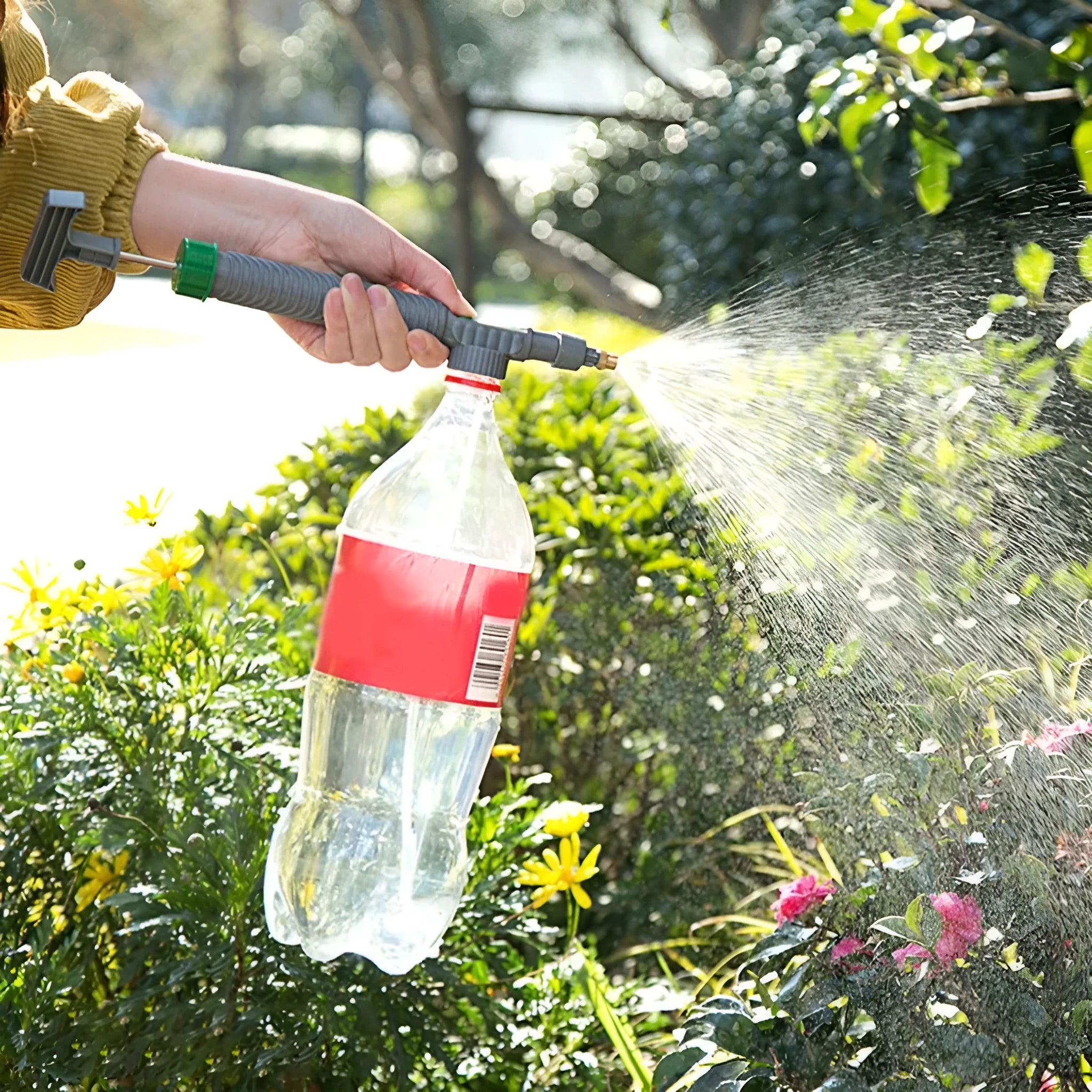 Plastic bottle watering sprayer nozzle with 30cm tube converts beverage bottles to garden watering cans