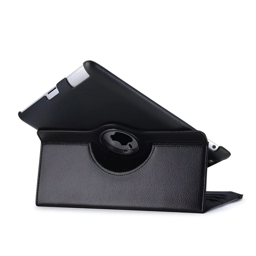 PU leather rotary clam shell case for iPad mini and iPad 2/3/4 in various colours, showing stand function.