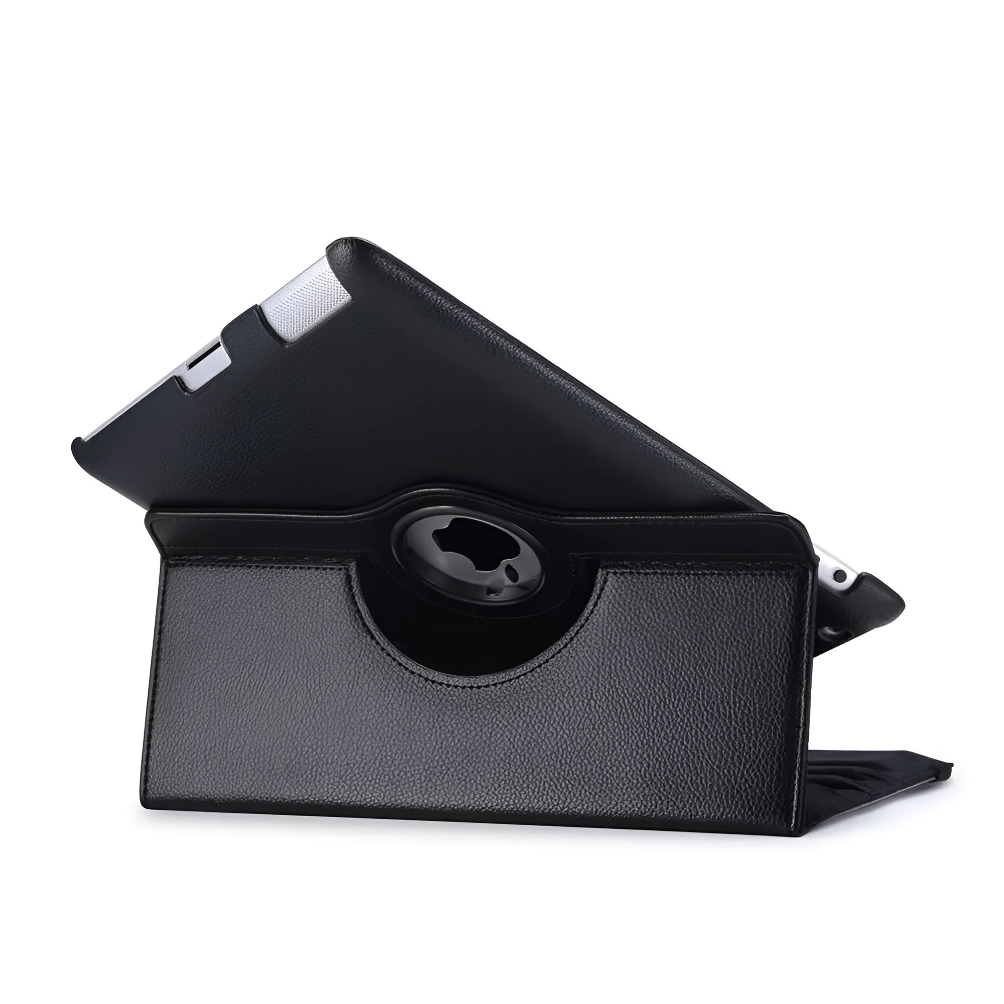 PU leather rotary clam shell case for iPad mini and iPad 2/3/4 in various colours, showing stand function.