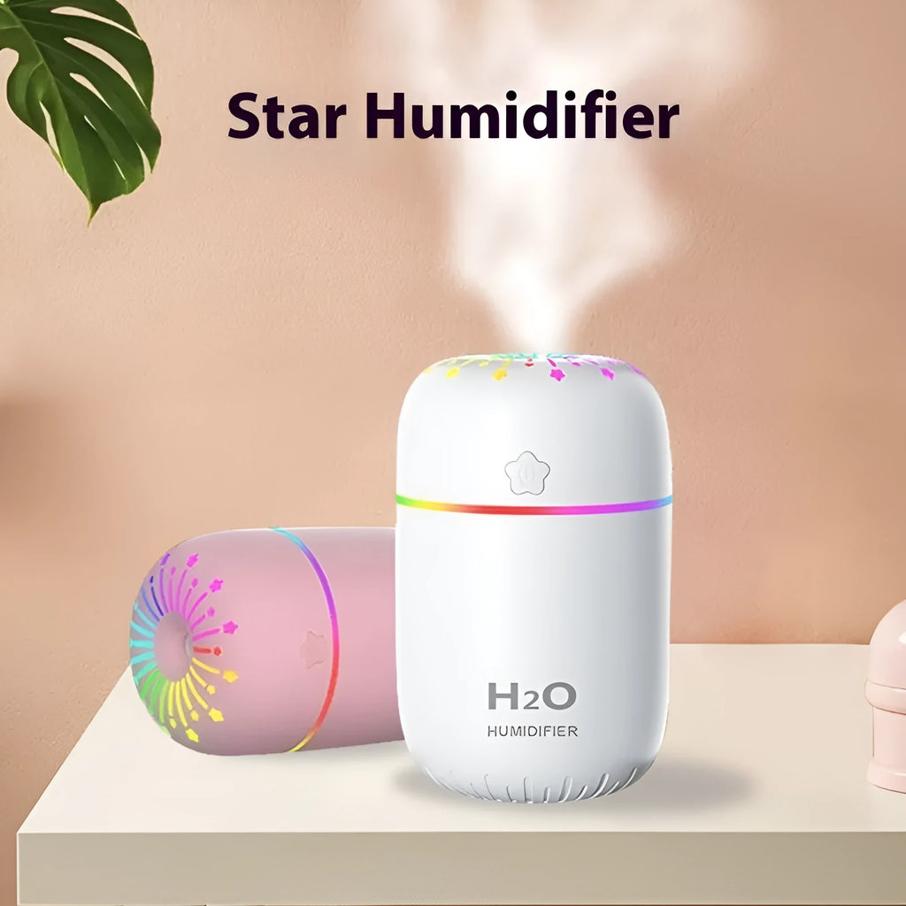 A5 model USB mini humidifier in white, pink, or green with 300ml tank and 75mm compact design