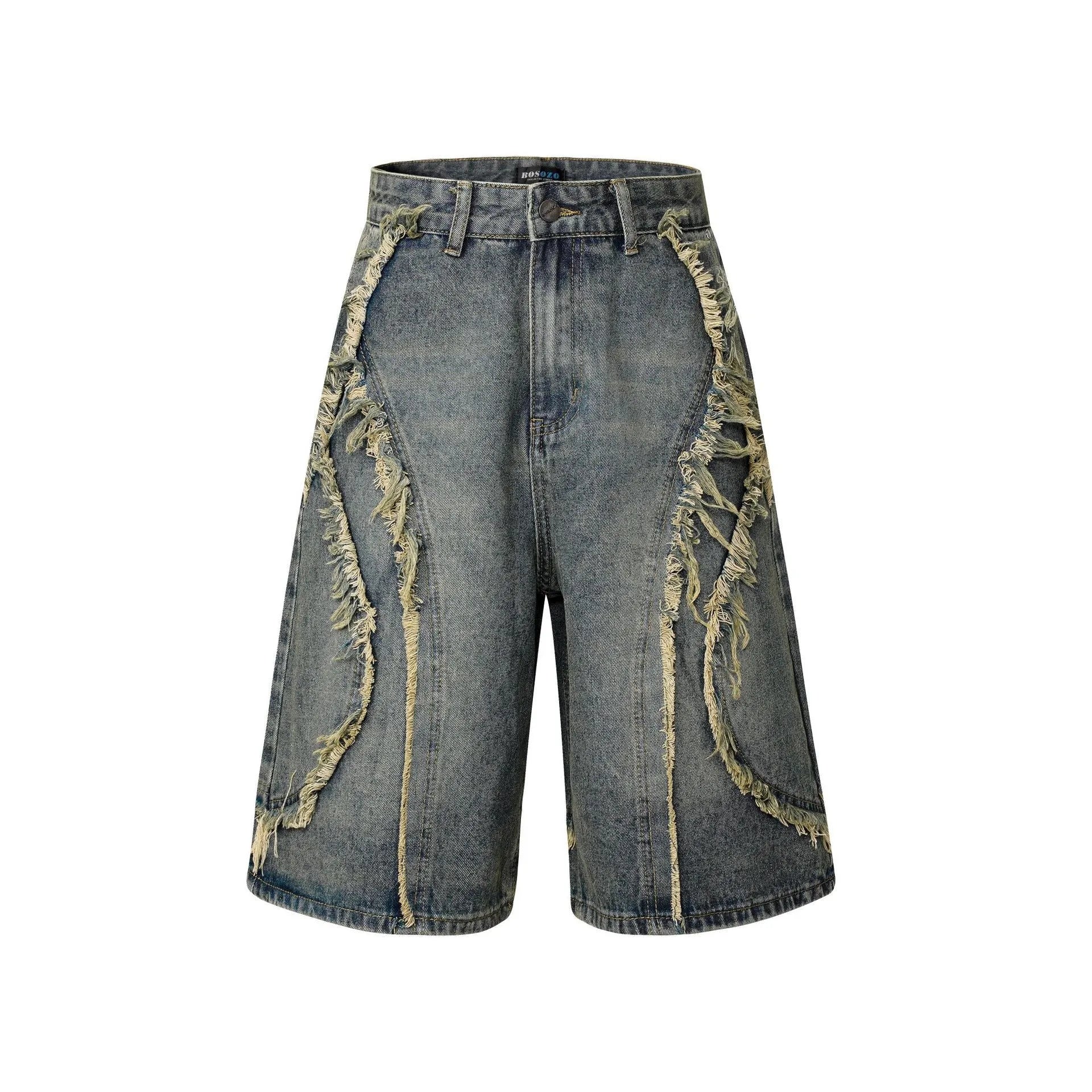 Distressed raw edge denim shorts in straight leg cut, shown in light blue.