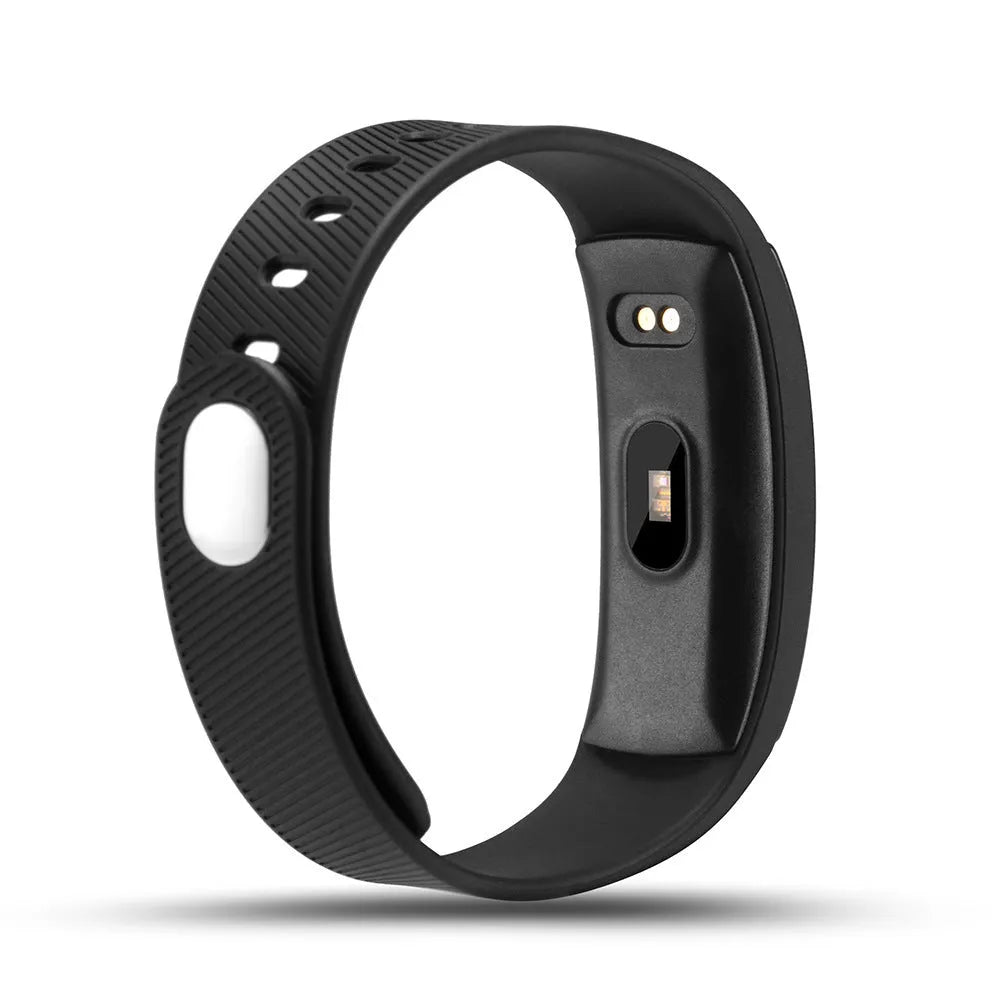 Black smart health bracelet with OLED display showing blood pressure reading on a wrist.
