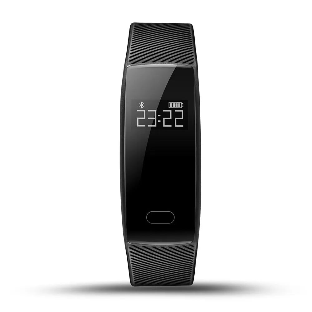 Black smart health bracelet with OLED display showing blood pressure reading on a wrist.