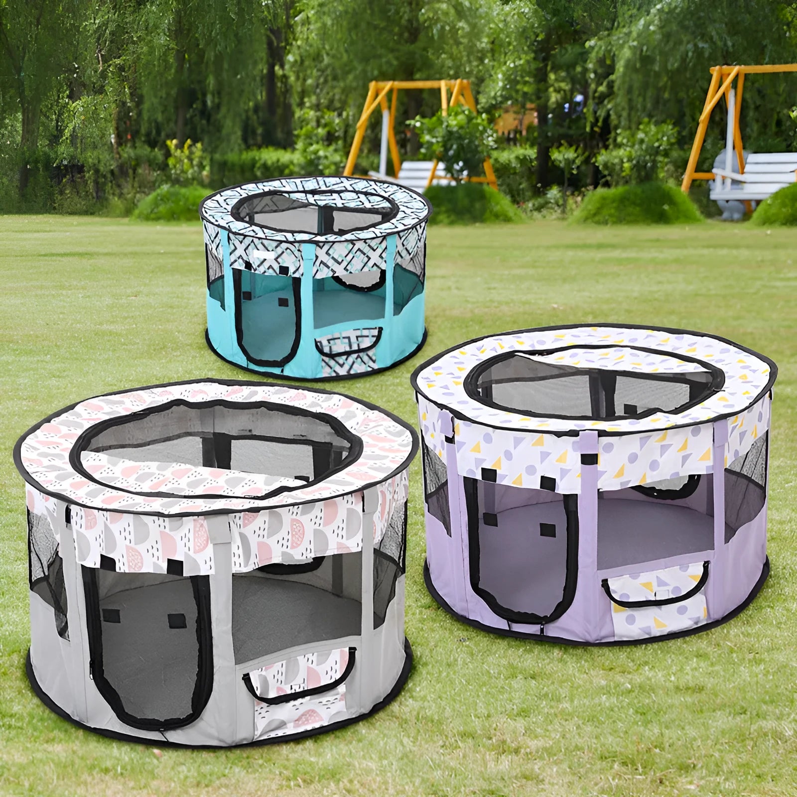 Foldable closed pet tent in blue, made from Oxford cloth and mesh, for dogs and cats