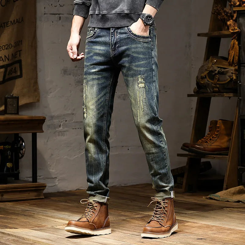 Men's retro colour stretch denim skinny jeans with a zip fly front.