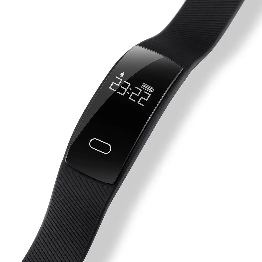 Black smart health bracelet with OLED display showing blood pressure reading on a wrist.