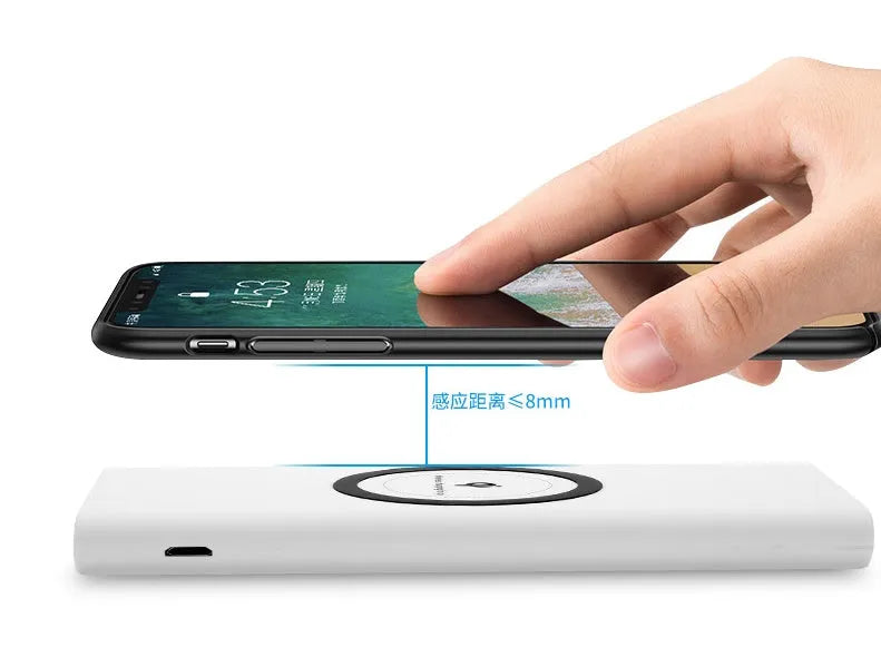 Three in one wireless power bank 10000mAh with USB cable and Qi wireless charging, ABS plastic, Black Gray White