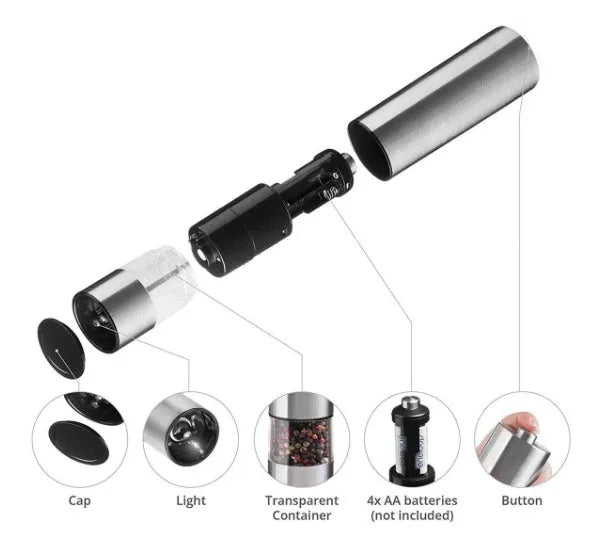Stainless steel electric pepper grinder mill in natural colour, shown upright.
