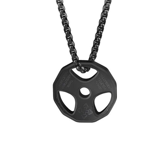 Men's titanium steel barbell dumbbell pendant necklace in gold colour, geometric 28 mm pendant on link chain