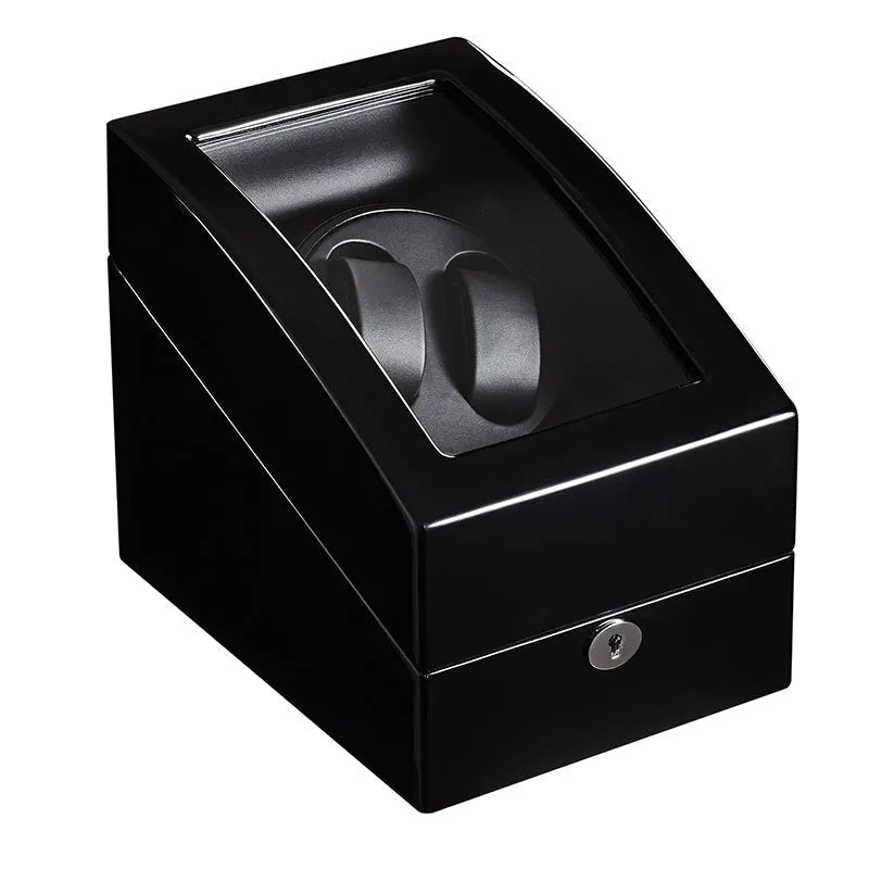 Black mechanical watch winder with piano paint finish, multiple rotation modes, and EU/US plug option.