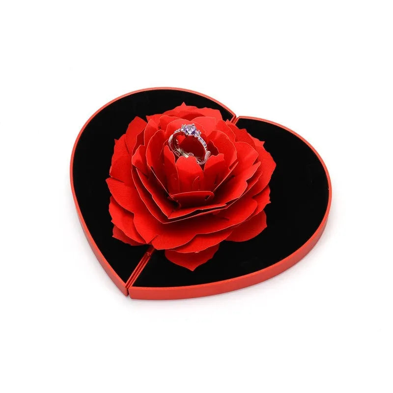 Red heart-shaped rotating ring box with 3D love design and rose decoration for jewellery packaging