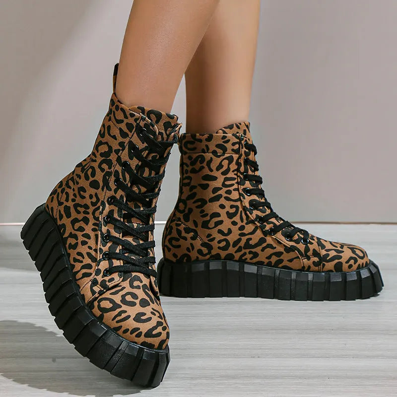 Leopard print suede women's platform boots with front tie and mid heel in brown leopard colour