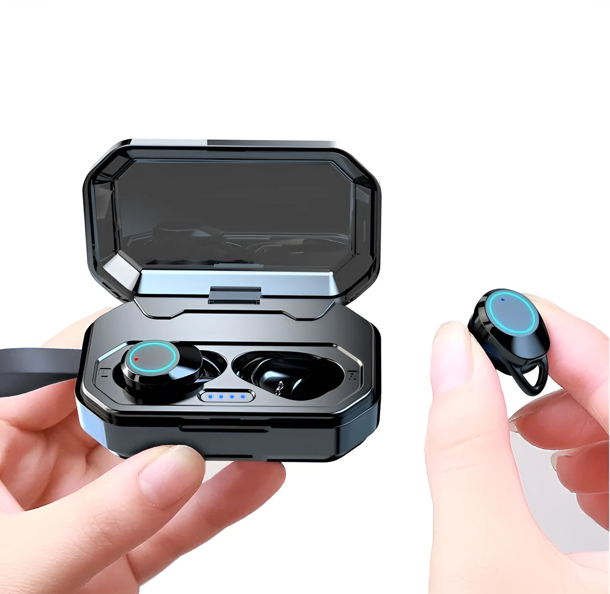 Samload Wireless Headphones 5.0 Bluetooth earbuds in black with ear hooks and charging case