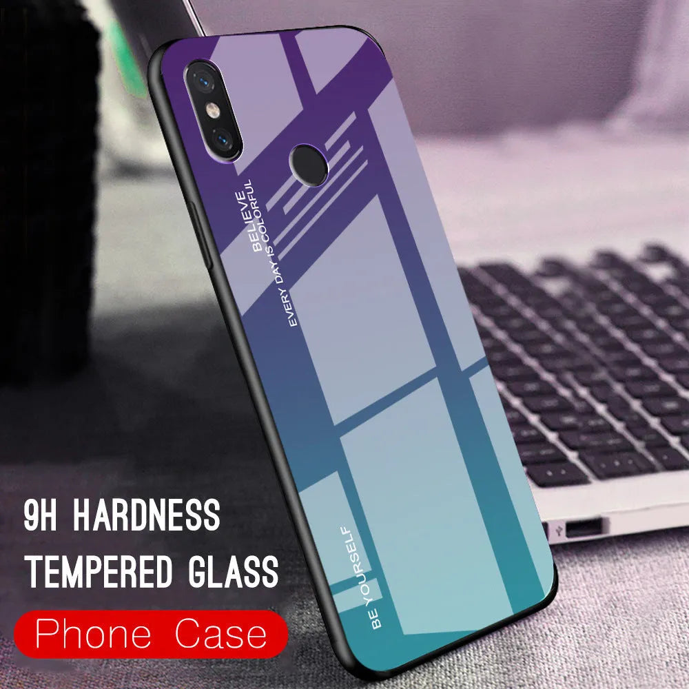 Gradient colour phone case for Xiaomi Redmi with tempered glass back and TPU frame