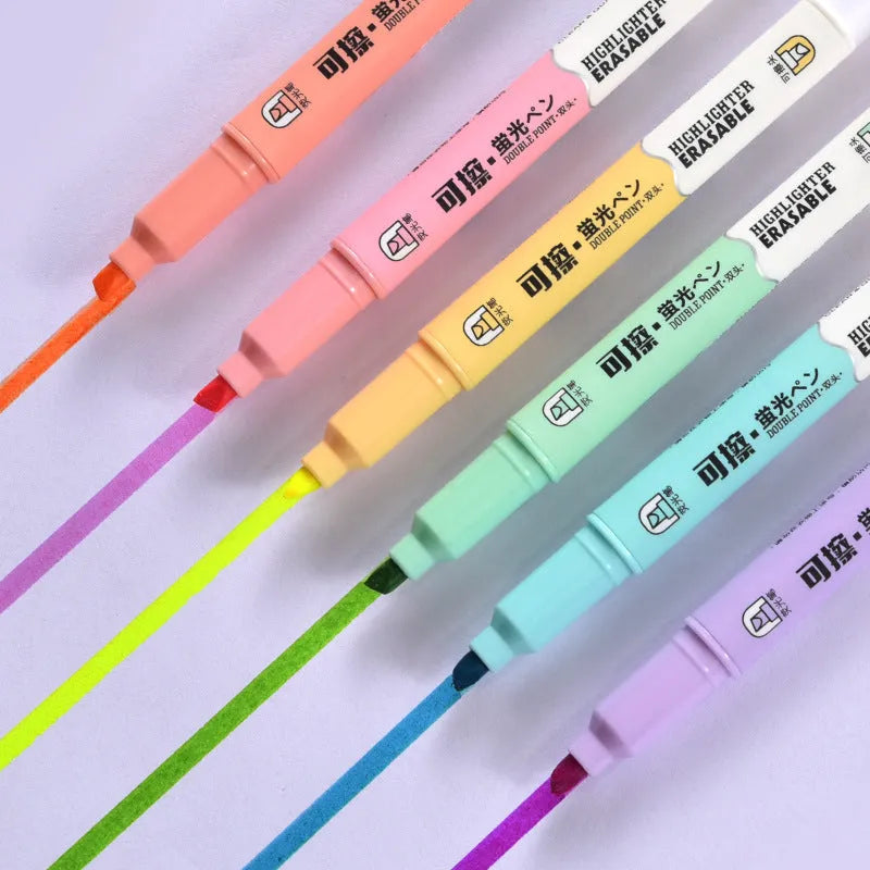 Double-ended fluorescent marker pen set with six bright colours and erasable ink