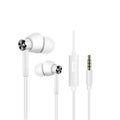 Black and white wired in-ear earphones with 3.5mm audio jack for computer and mobile phone connectivity