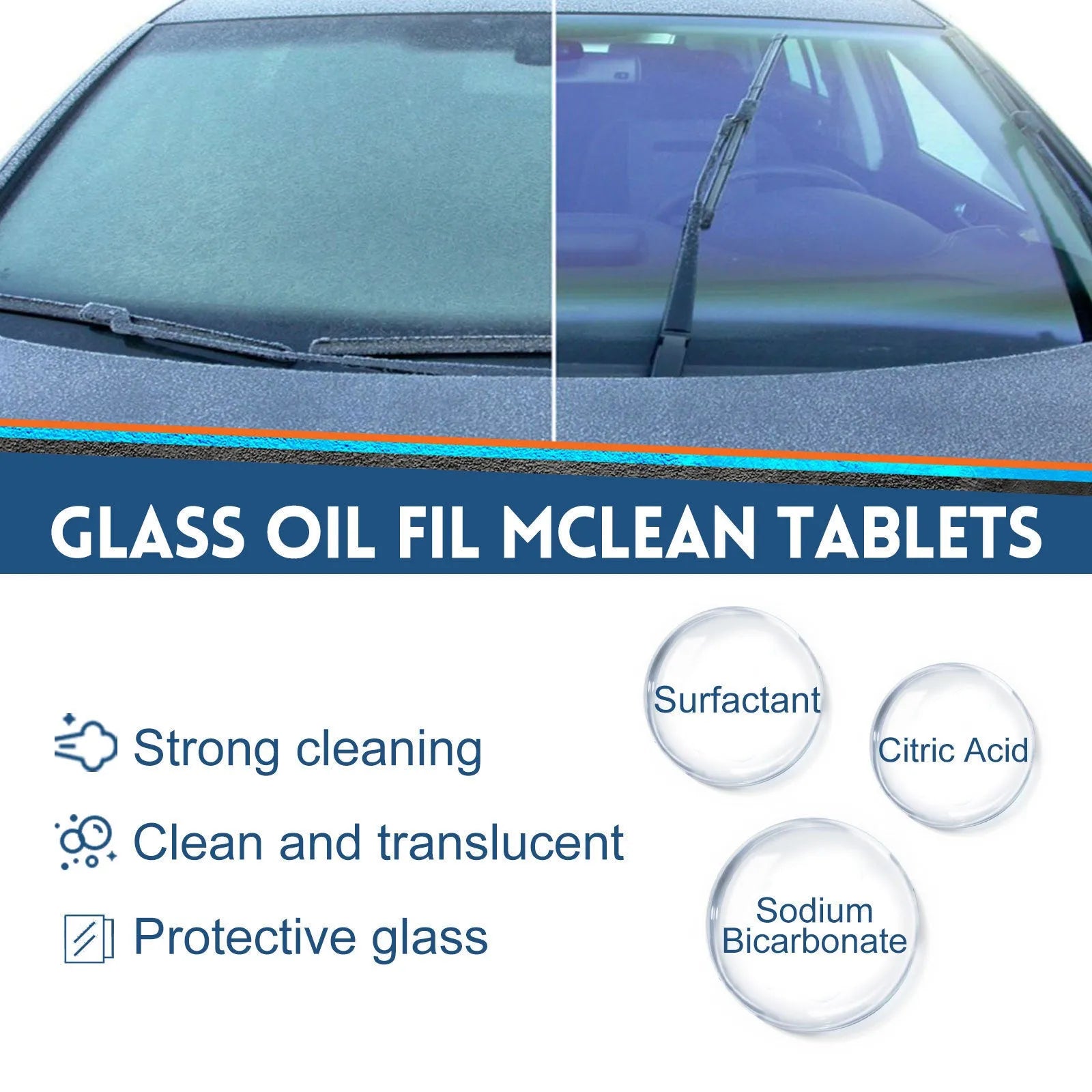 Box containing 30 car oil-removing film cleaning effervescent tablets for windscreen and glass surfaces