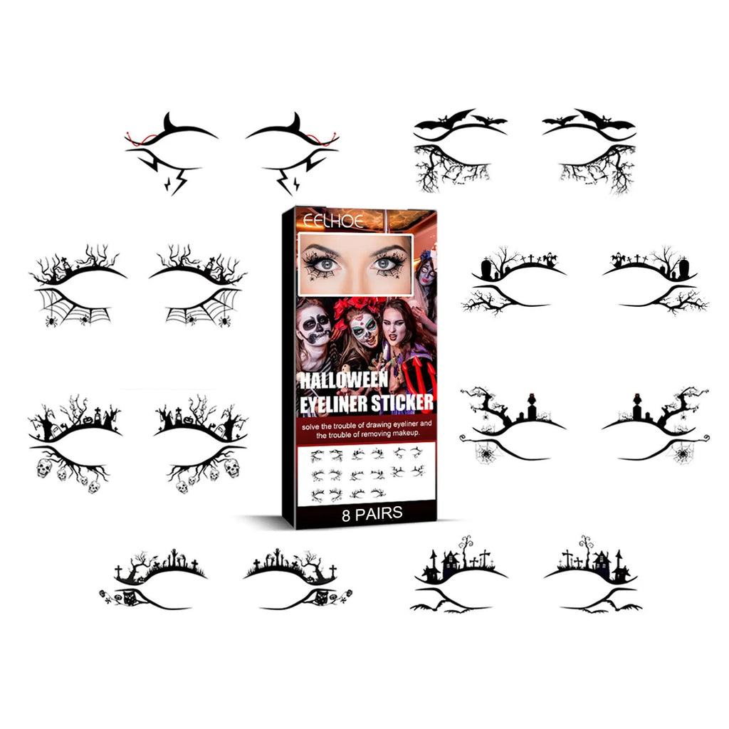 Set of eight pairs of bat and spider themed eyeliner stickers for decorative eye makeup