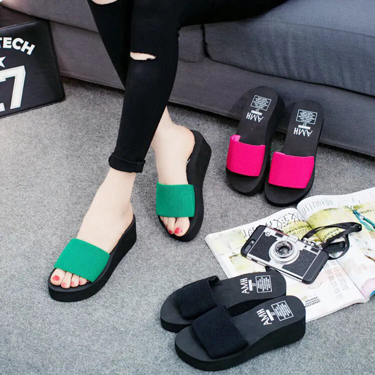 Women's elastic flat bottom slipper sandals 2018 new lady casual slides in black green red sizes 35-40