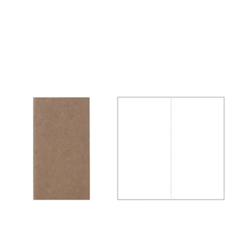 A5 kraft paper travel diary notebook with saddle stitching, open to show lined pages, on a wooden surface