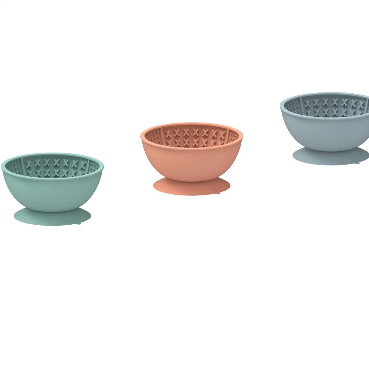Cyan silicone pet slow feeder bowl with textured surface and suction cup base