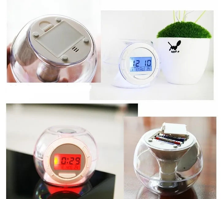 White colourful natural sound alarm clock with LCD display showing time and date