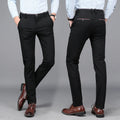 Cotton blend business casual pants in black or blue, no belt, sizes 28 to 38