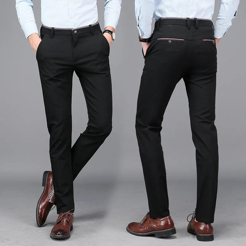 Cotton blend business casual pants in black or blue, no belt, sizes 28 to 38