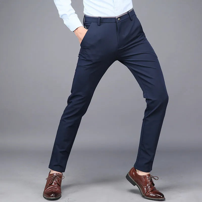 Cotton blend business casual pants in black or blue, no belt, sizes 28 to 38
