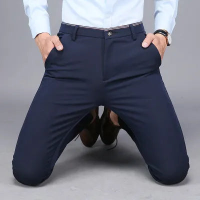 Cotton blend business casual pants in black or blue, no belt, sizes 28 to 38