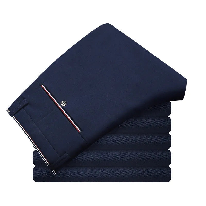Cotton blend business casual pants in black or blue, no belt, sizes 28 to 38