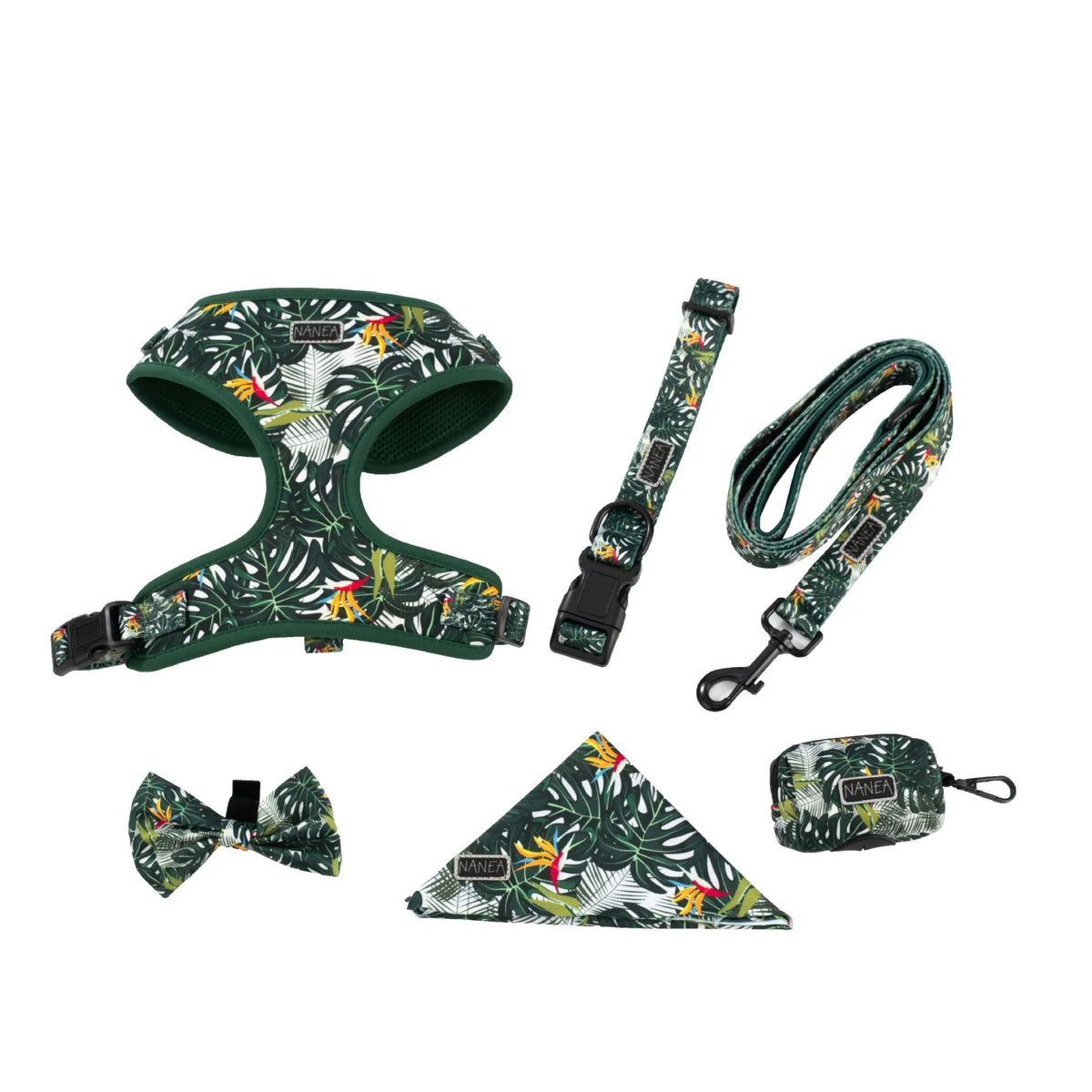 Adjustable cloth dog harness vest set with haulage rope, collar, waste bag and accessories