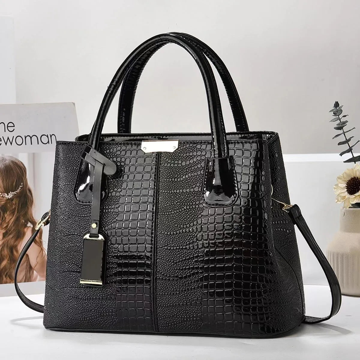Women's large-capacity PU leather handbag in minimalist horizontal square design, lightweight 540g, available in multiple colours