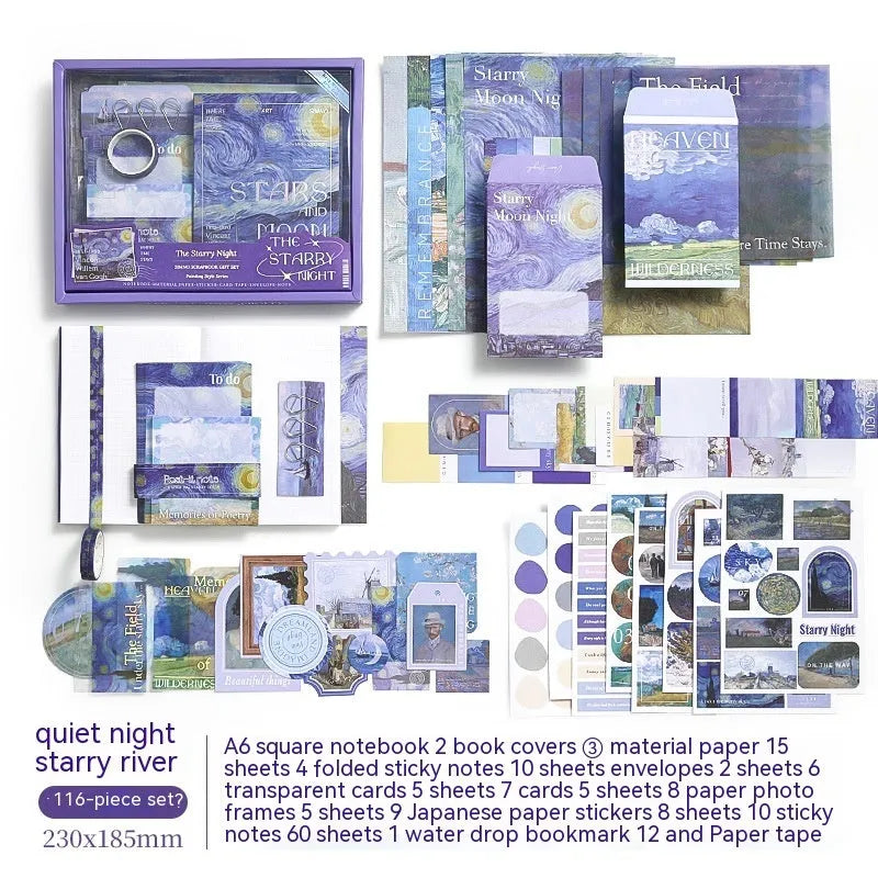 A6 creative journal gift box set with plaid notebook, decorative papers, cards, stickers, and artistic accessories